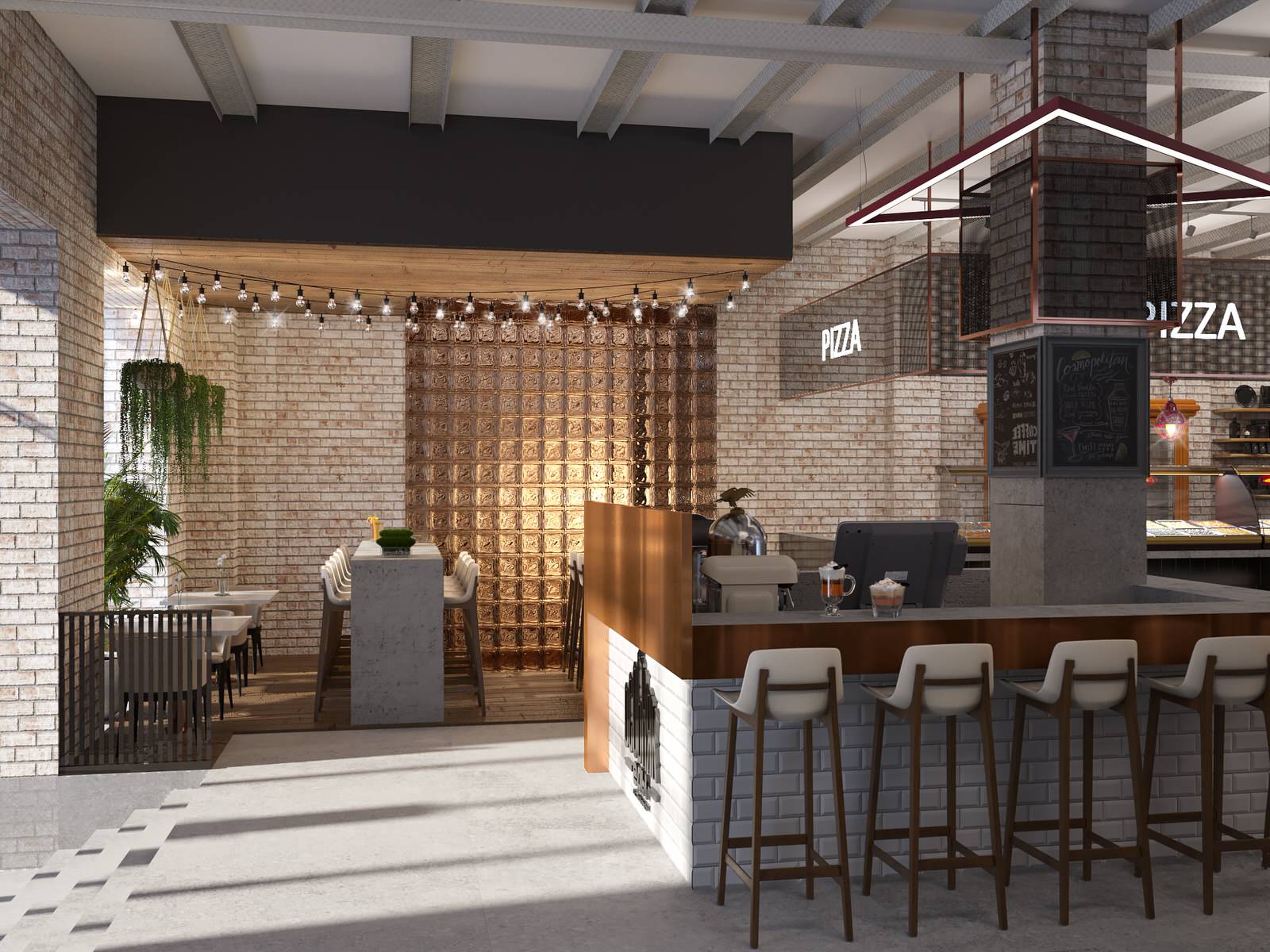Interior visualisation of food court Manor of Food in the center of Moscow