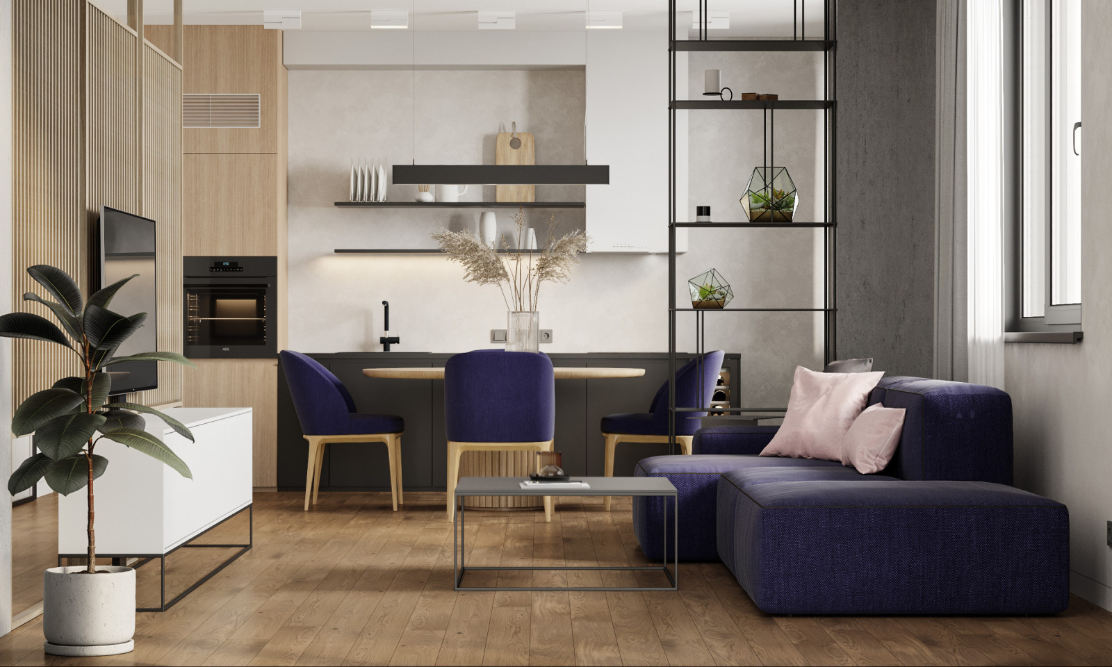 Светлая семейная квартира с синими акцентами 80 м²