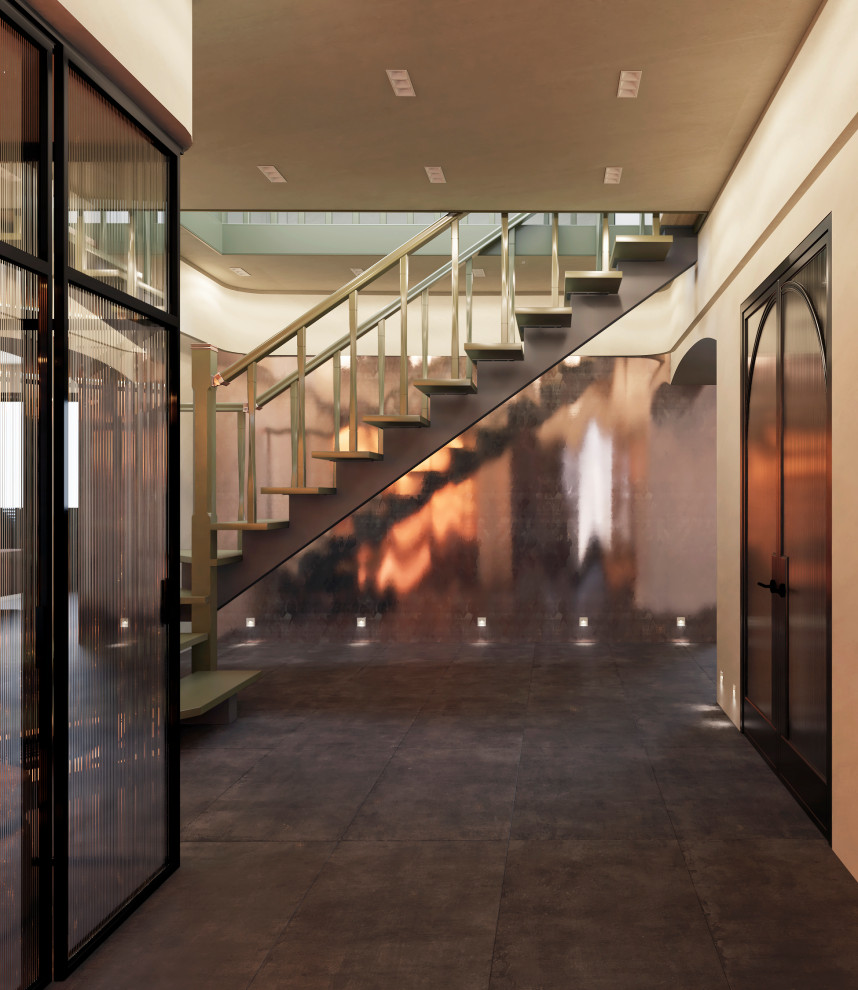 Обложка проекта: "Дом тысячи лестниц". Прихожая и гостиная 1-го этажа