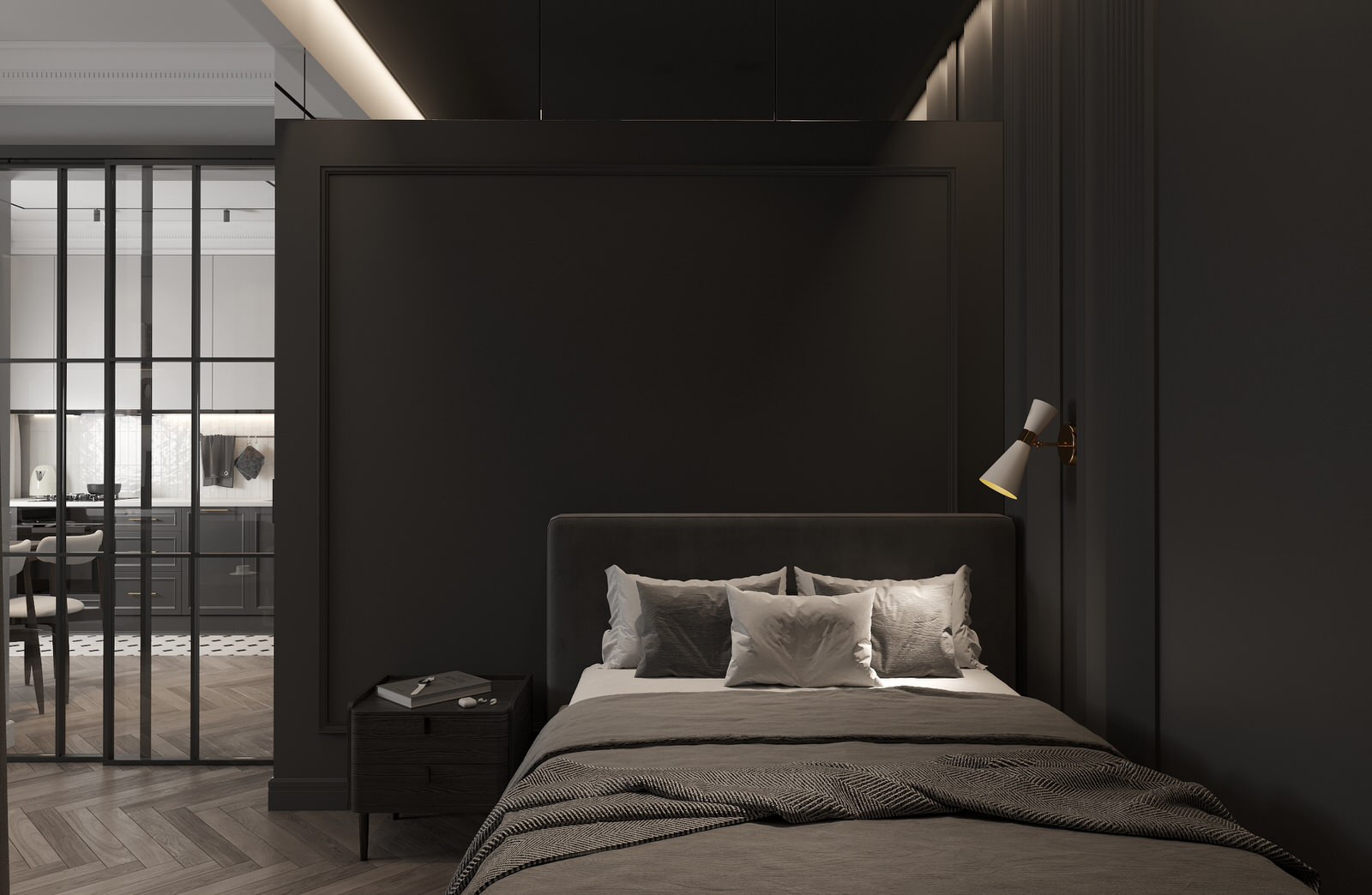 Интерьер однокомнатной квартиры в темных оттенках