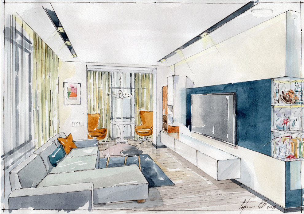 Акварельные эскизы к проекту. Дизайн проект квартиры в современном стиле.