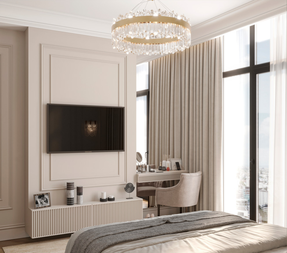 Спальня неоклассика в светлых тонах с гардеробом