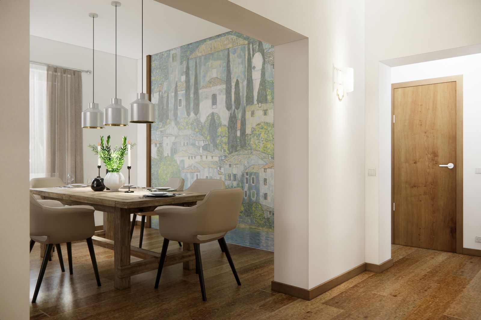 Дом в немецком стиле: кухня и гостиная с камином и лестницей