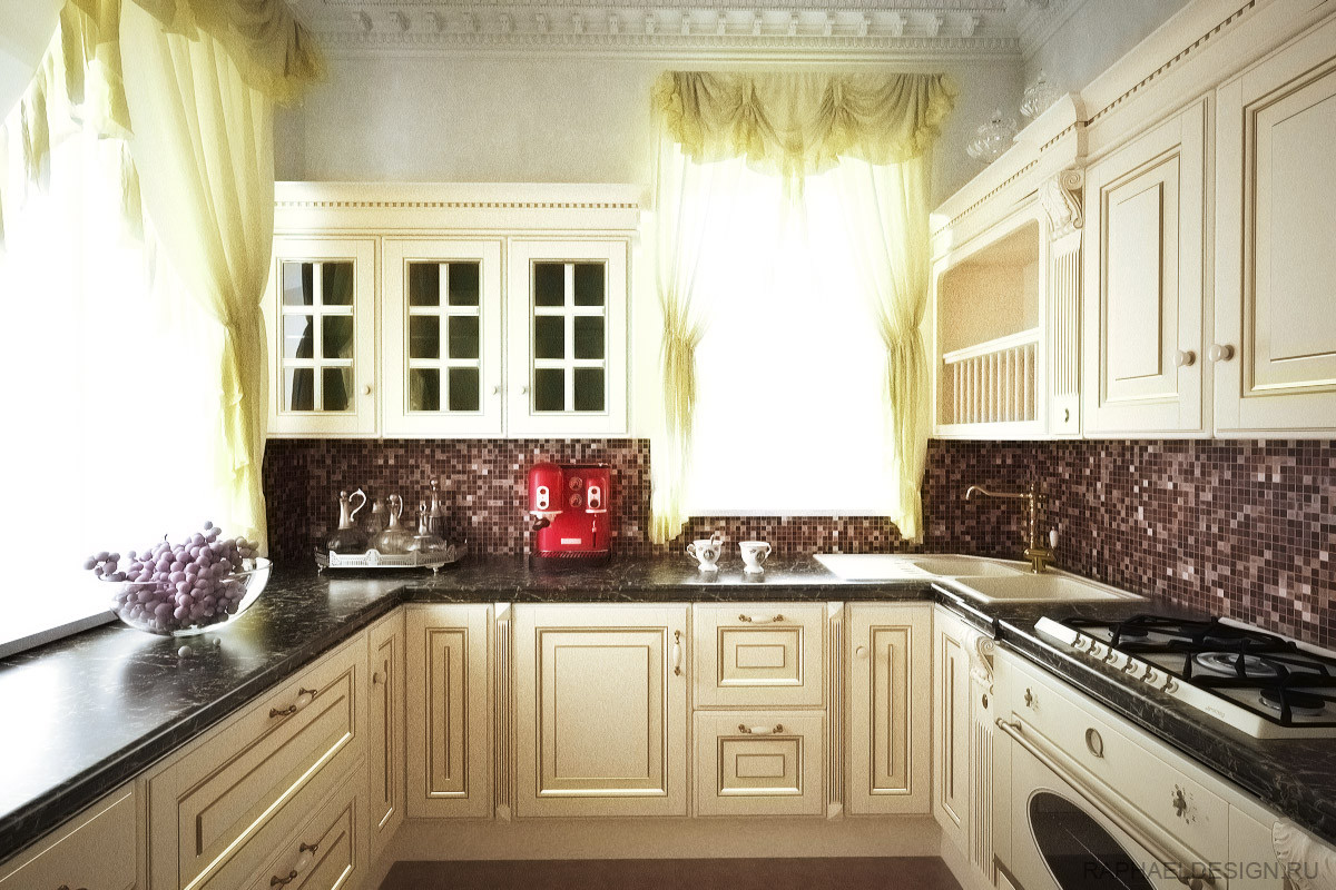 Дизайн интерьера кухни загородного дома в классическом стиле
