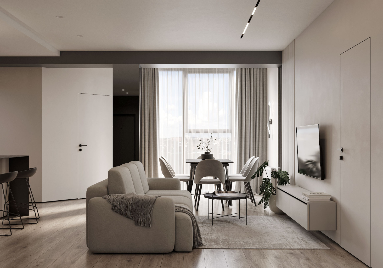 Монохромная кухня - гостиная