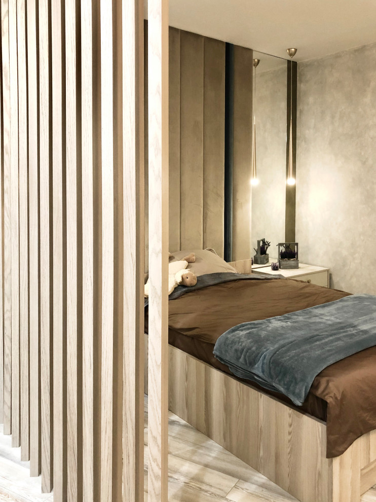 Зонирование спальни реечной перегородкой