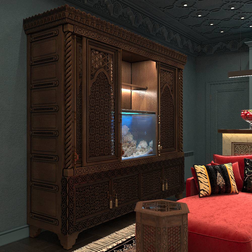 Интерьер кинозала в цокольном этаже загородного дома в Восточном стиле