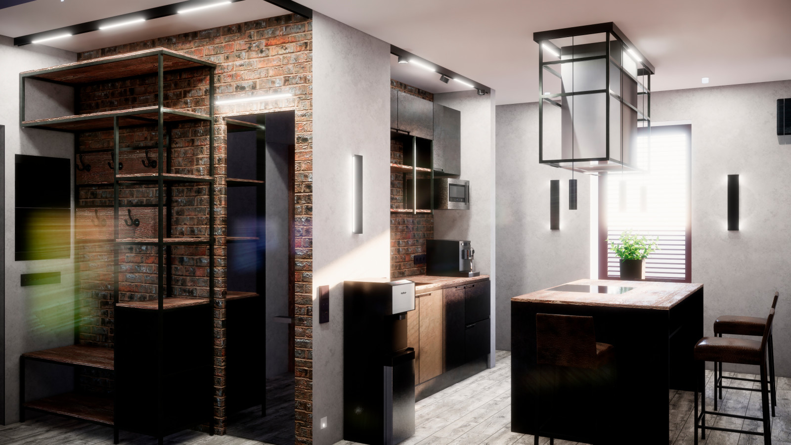 Квартира в Москве в стиле лофт, кухня, холл, санузел, кладовая. 2020 г.