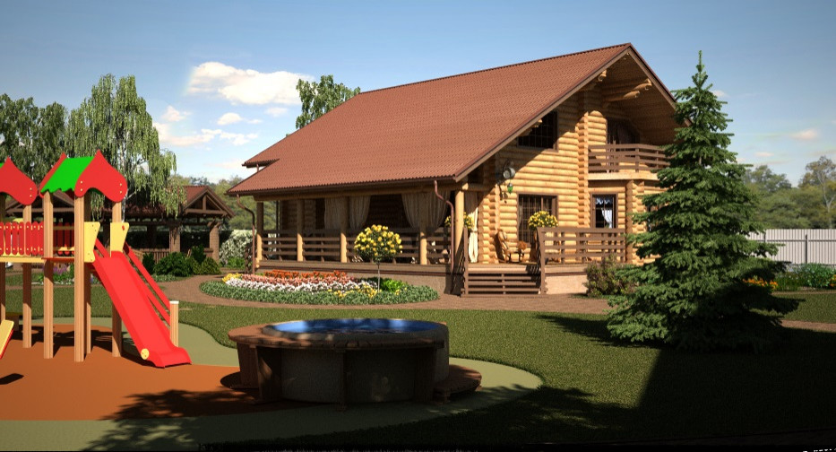 Ландшафтный дизайн для дома из оцилиндрованного бревна