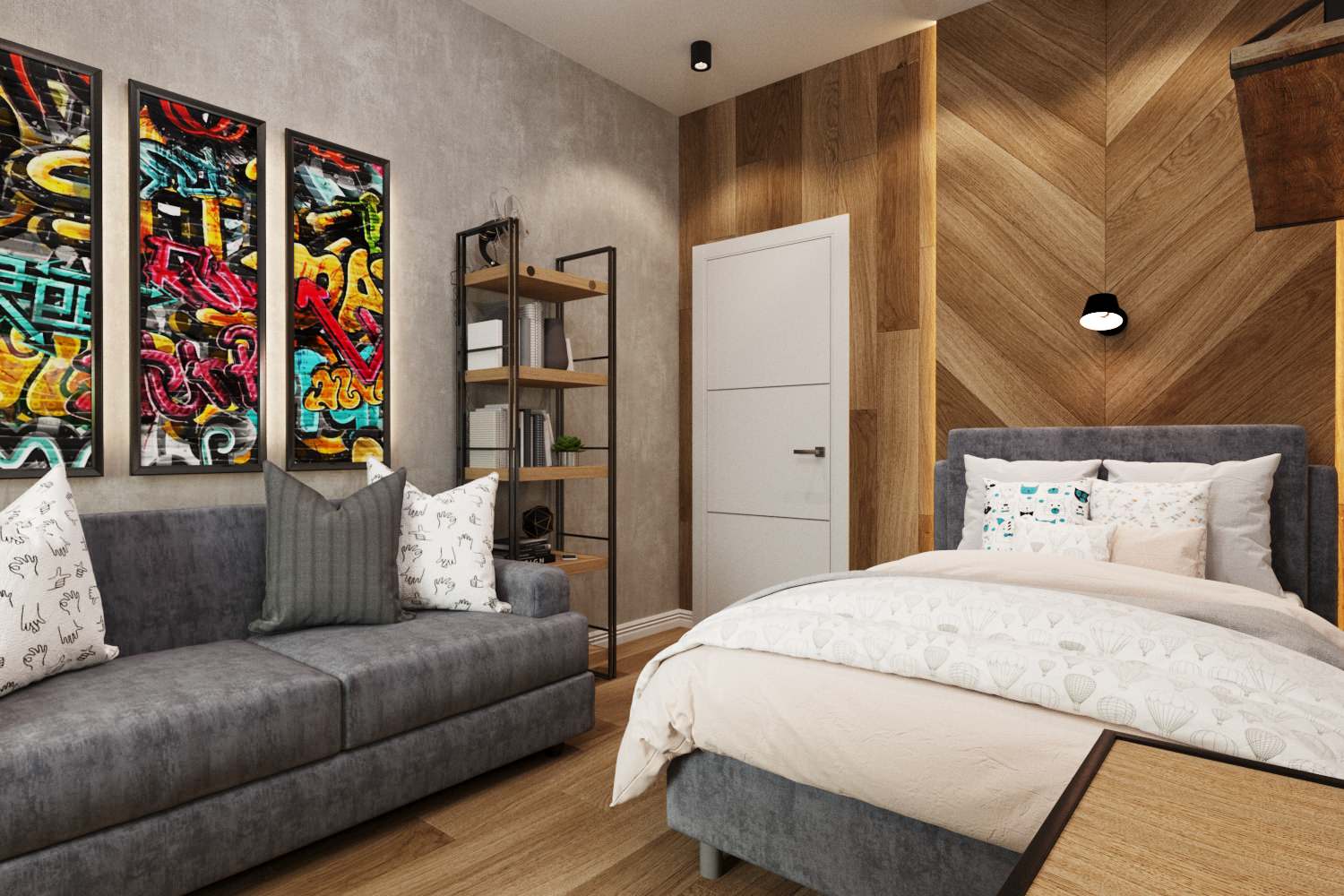 Комната подростка. Ламинат с переходом на стену.
