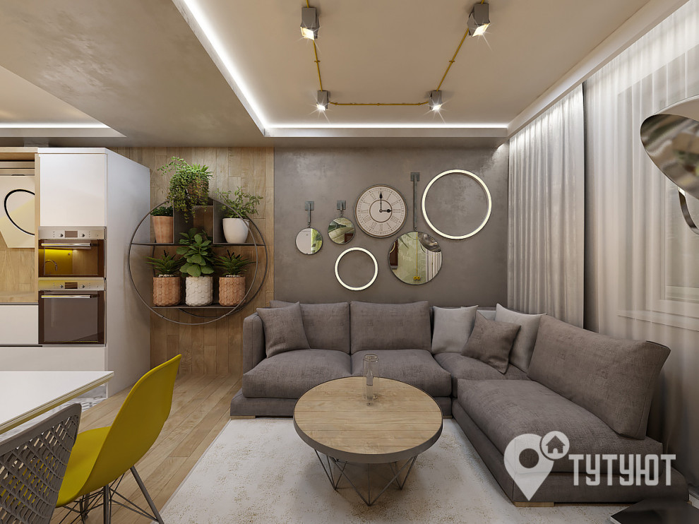 Кухня-гостиная в стиле лофт с желтым акцентом