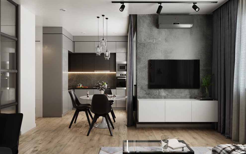 В этом проекте с открытой планировкой присутствуют текстурные акценты – чёрный м