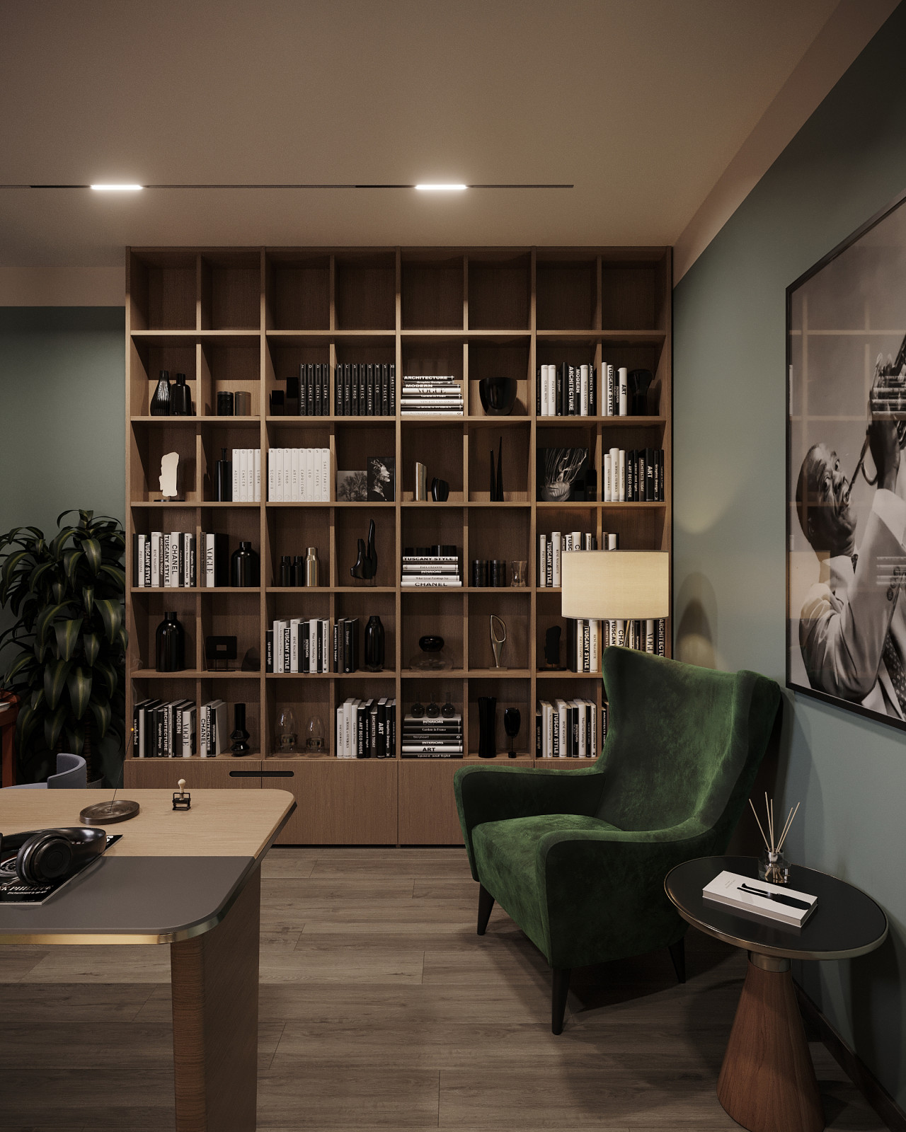 Дизайн и 3д-визуализация кабинета в загородном доме. Вариант 2.