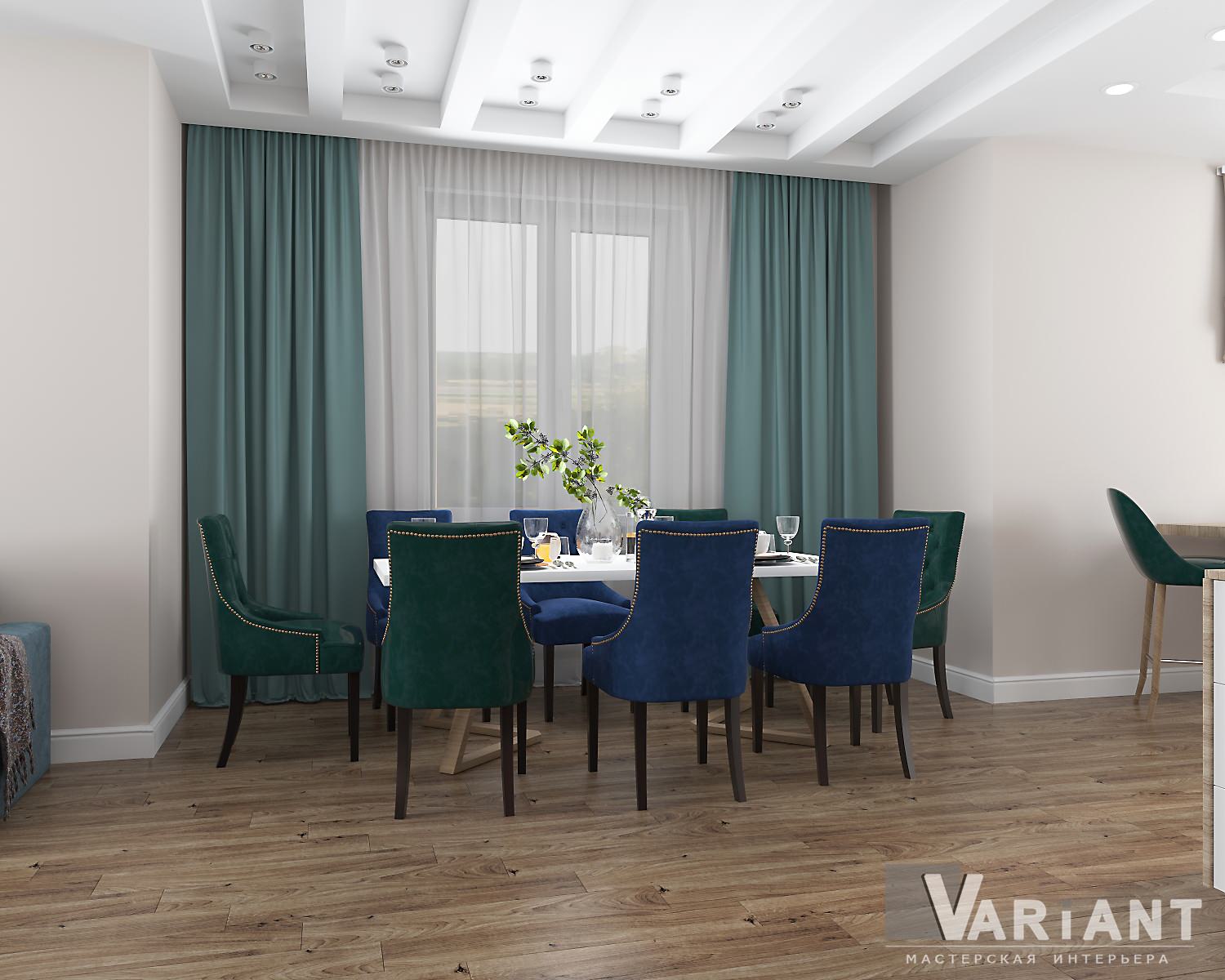 кухня-гостиная с синими диванами