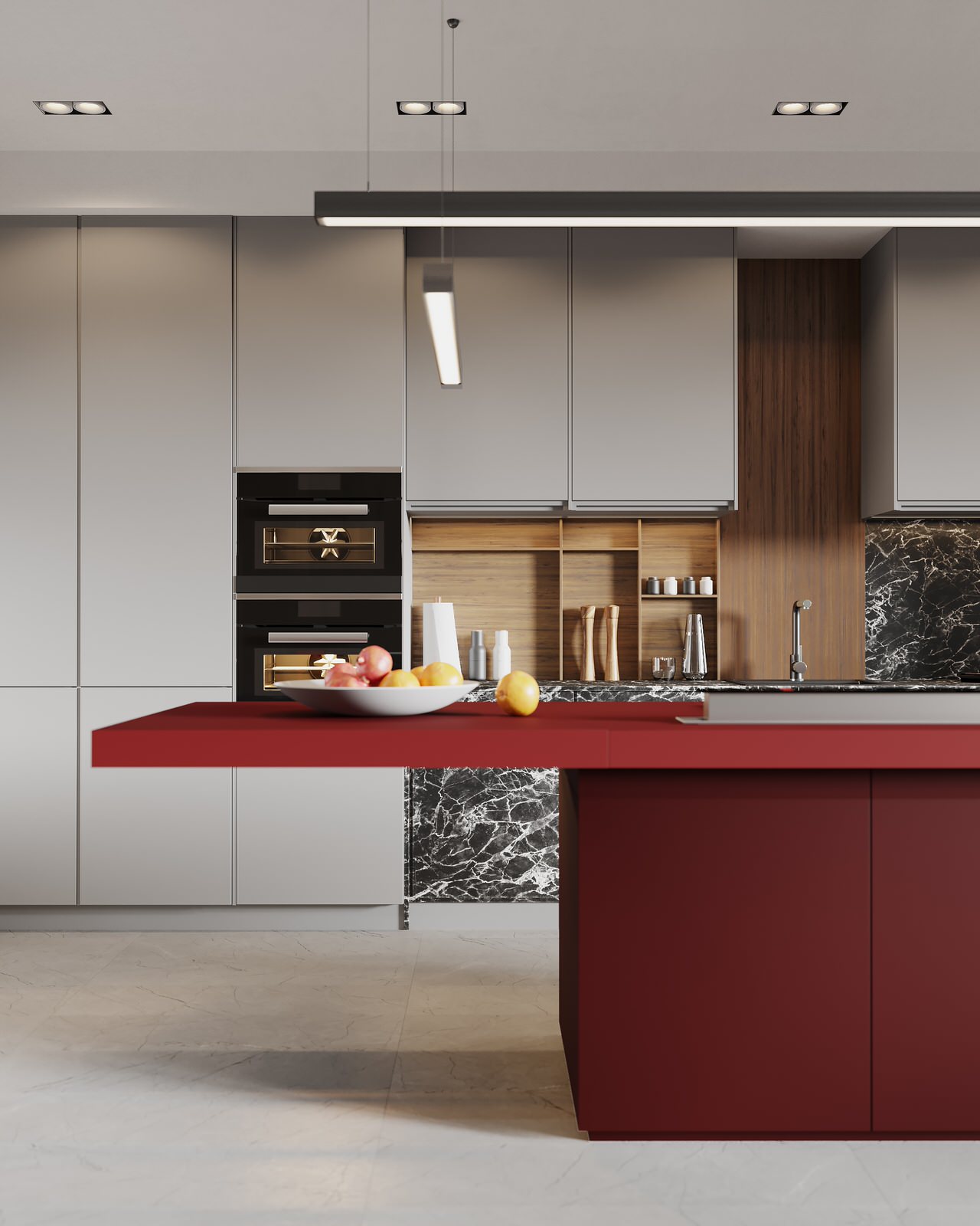 Современная кухня-гостиная с цветными элементами