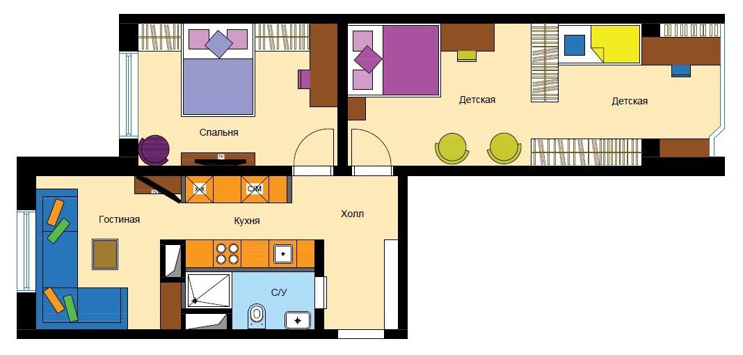 Перепланировка: 5 вариантов для двухкомнатной квартиры в доме КОПЭ