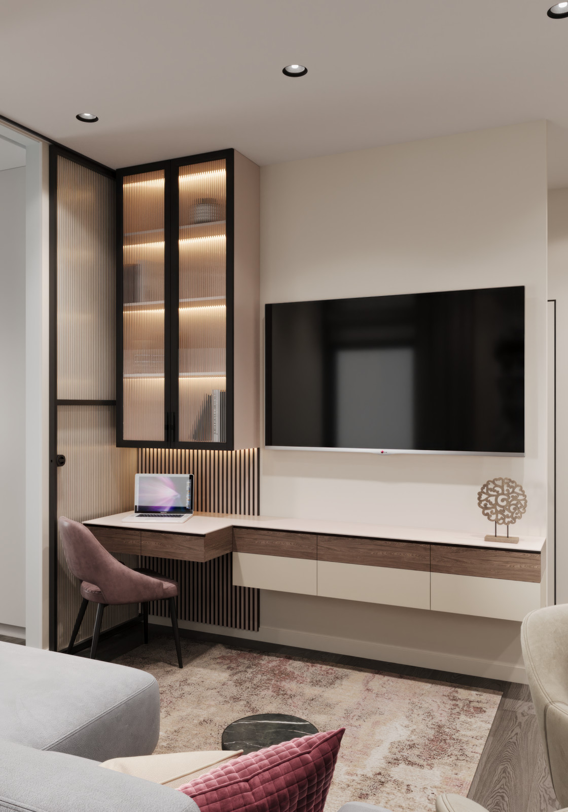 Современный интерьер для семьи с ребёнком 60 м² на Старокоптевском