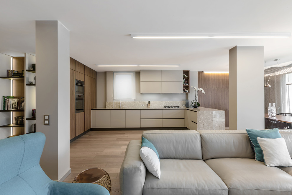 Warm toned of a modern kitchen. Interior design of a villa near Monaco.