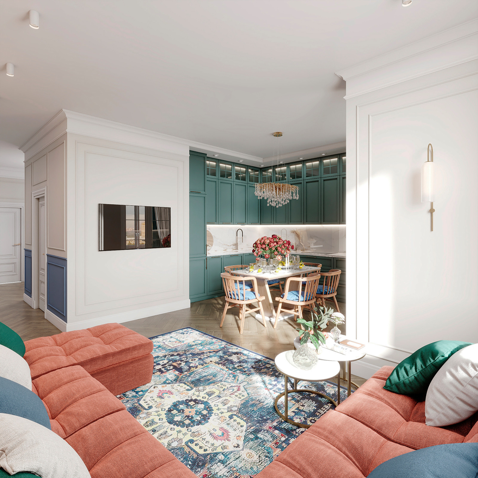 Утонченный проект с использованием разных стилей для семьи с двумя детьми