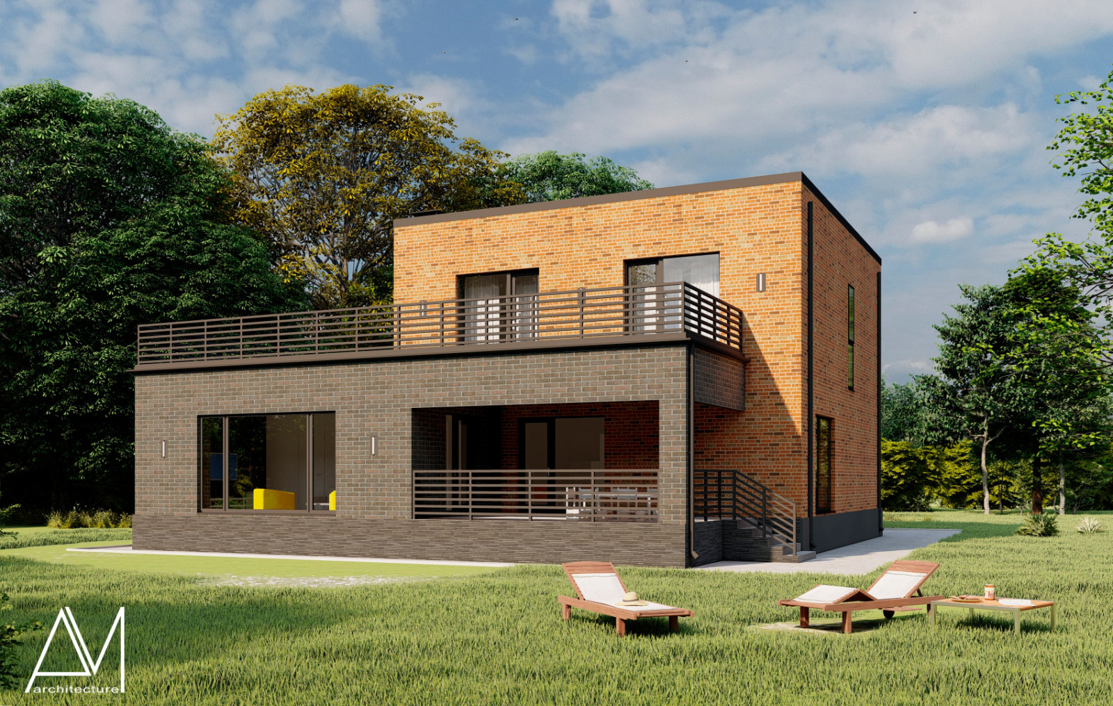 Двухэтажный дом с плоской кровлей