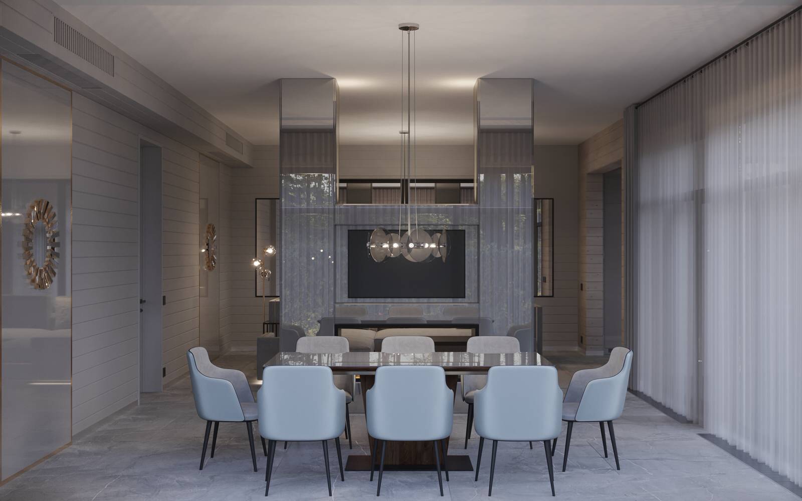 Столовая с камином в проекте загородного дома