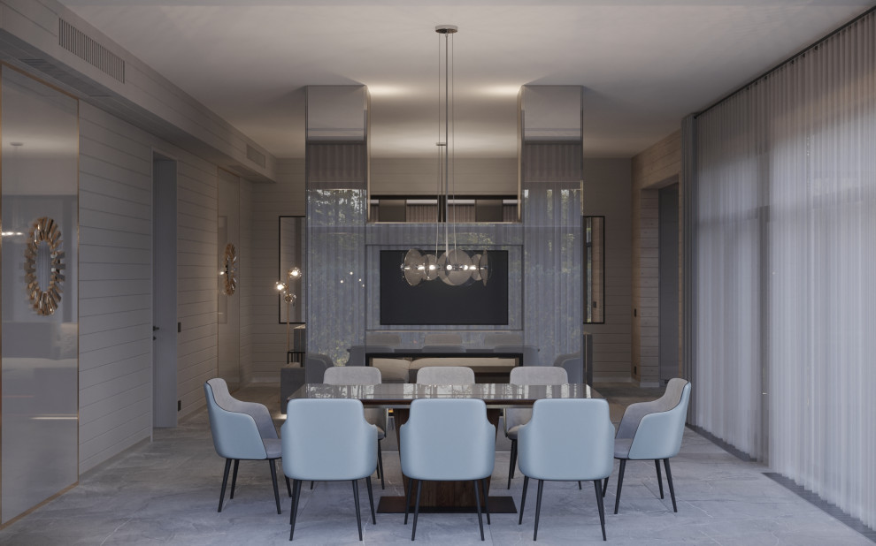 Столовая с камином в проекте загородного дома