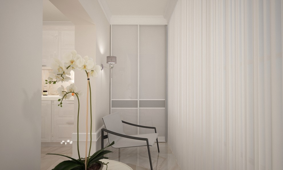 Классические мотивы в современном интерьере кухни-гостиной.