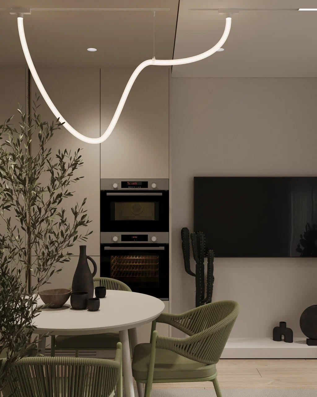 Обложка проекта: Дизайн кухни-гостиной с акцентным оливковым