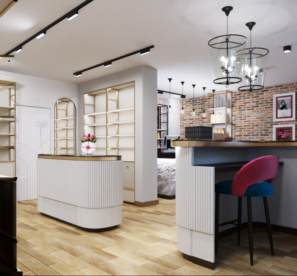 Дизайн интерьера магазина парфюмерии с зоной кафе в аутентичном стиле.