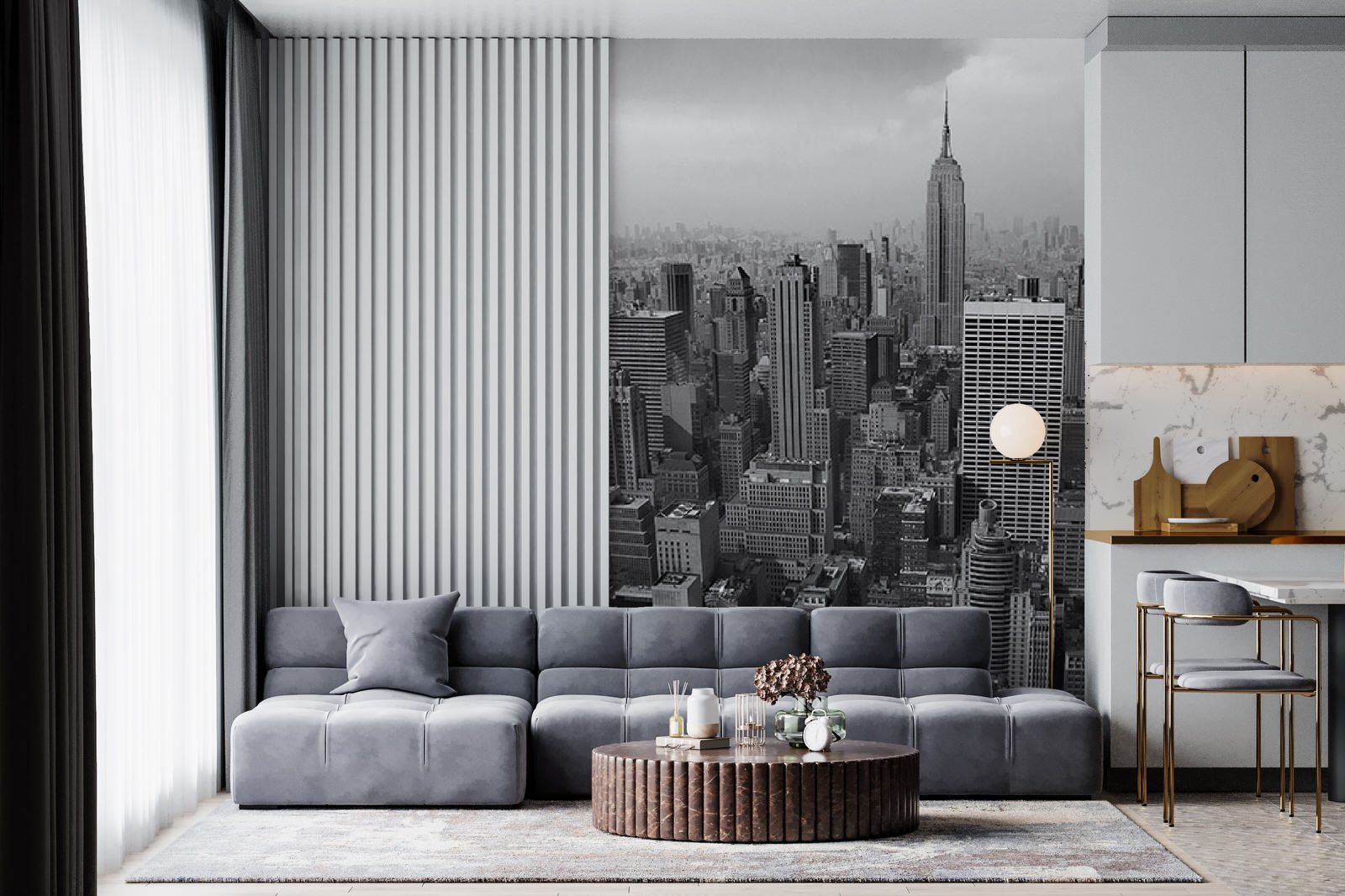 Панорама ночного города в оформлении гостиной