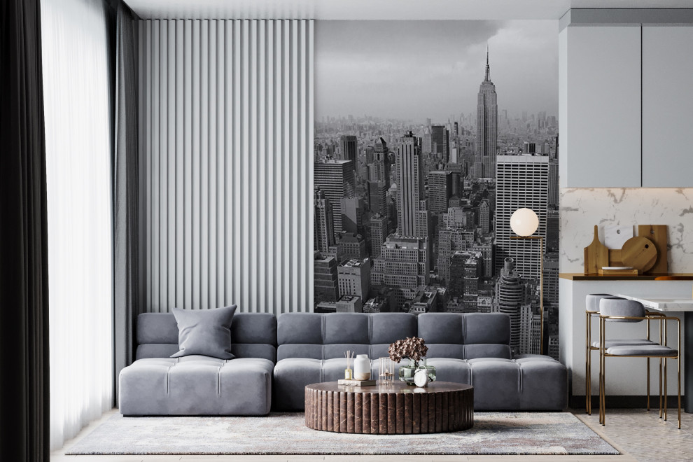 Панорама ночного города в оформлении гостиной