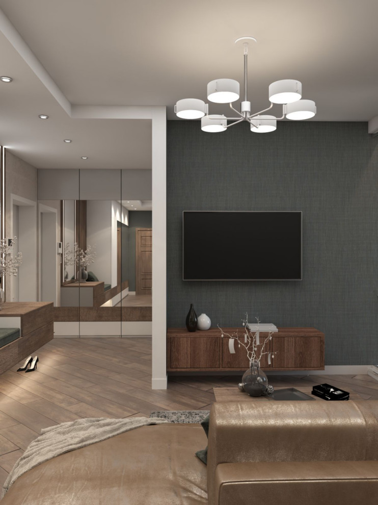 Двухкомнатная квартира со стеклом между гостиной и спальней