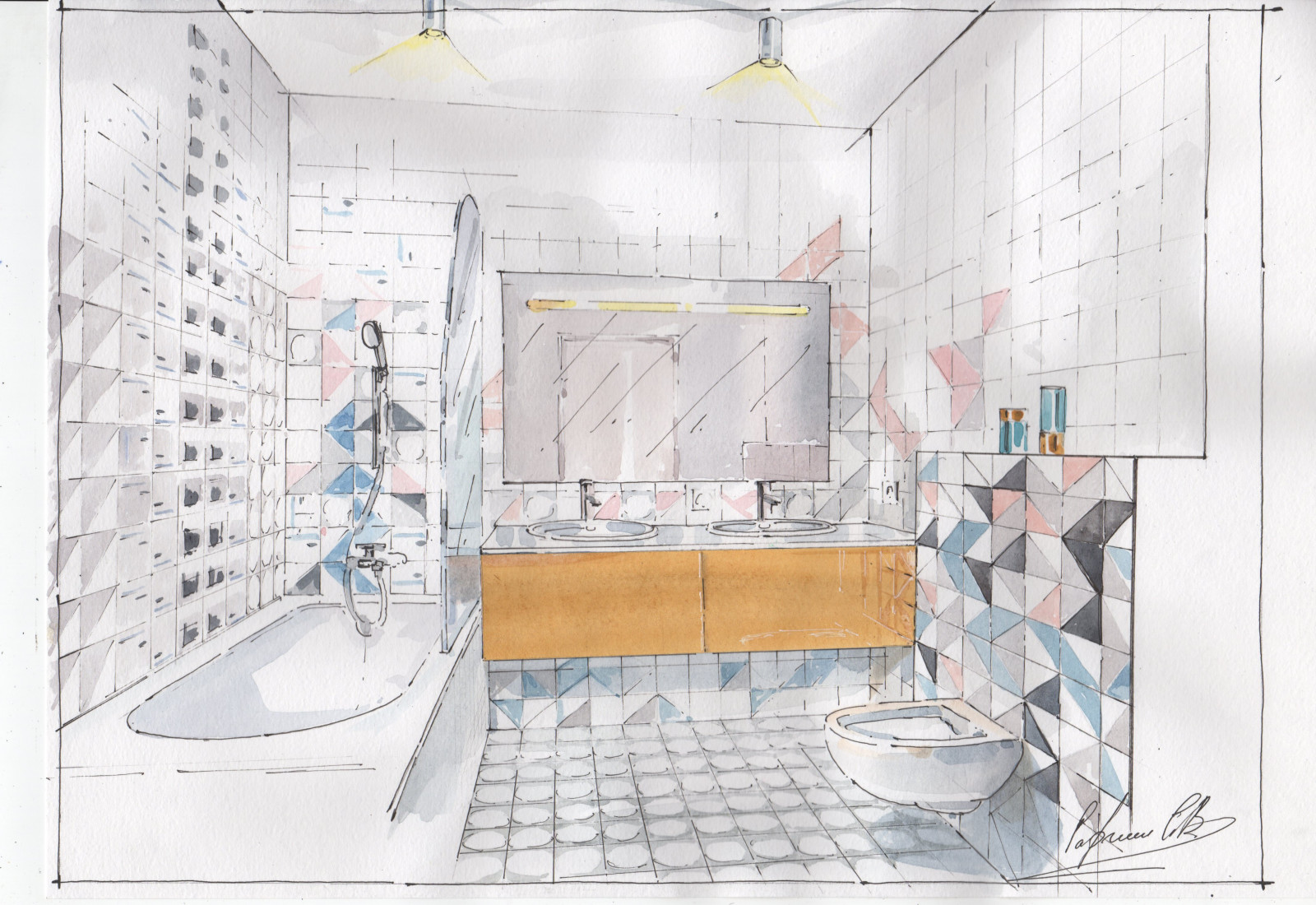 Акварельные эскизы к проекту. Дизайн проект квартиры в современном стиле.