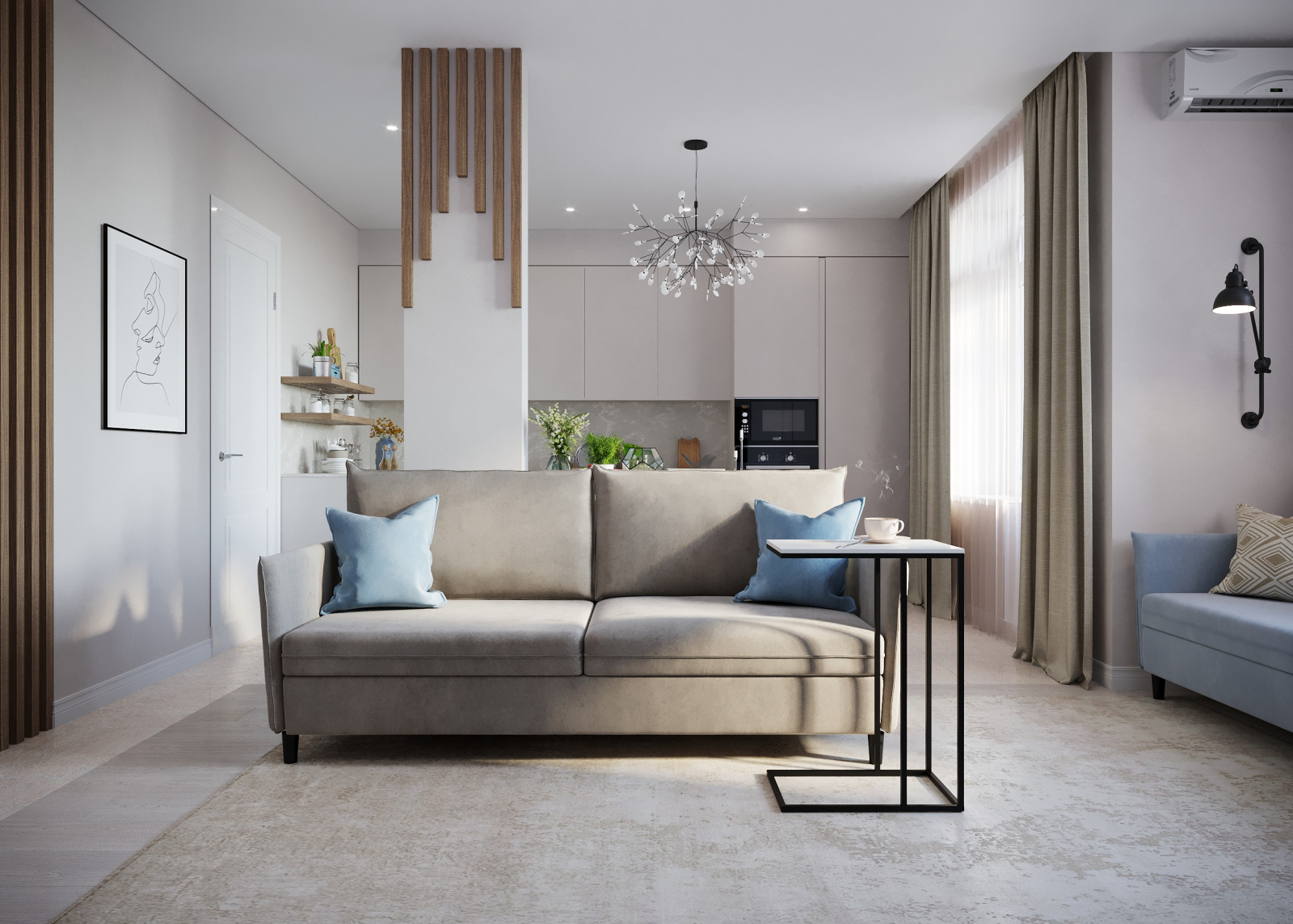 Визуализация гостиной с зоной кухни в московской квартире