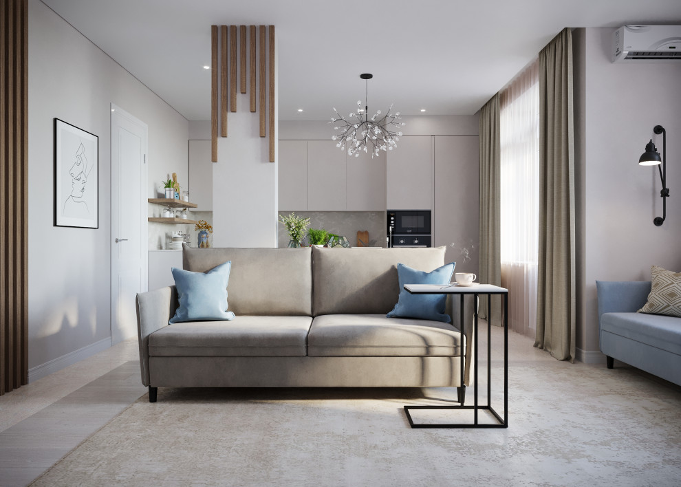 Визуализация гостиной с зоной кухни в московской квартире