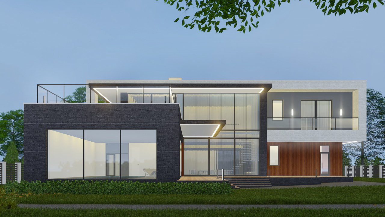 Проект двухэтажного дома в современном стиле, с плоской эксплуатируемой крышей