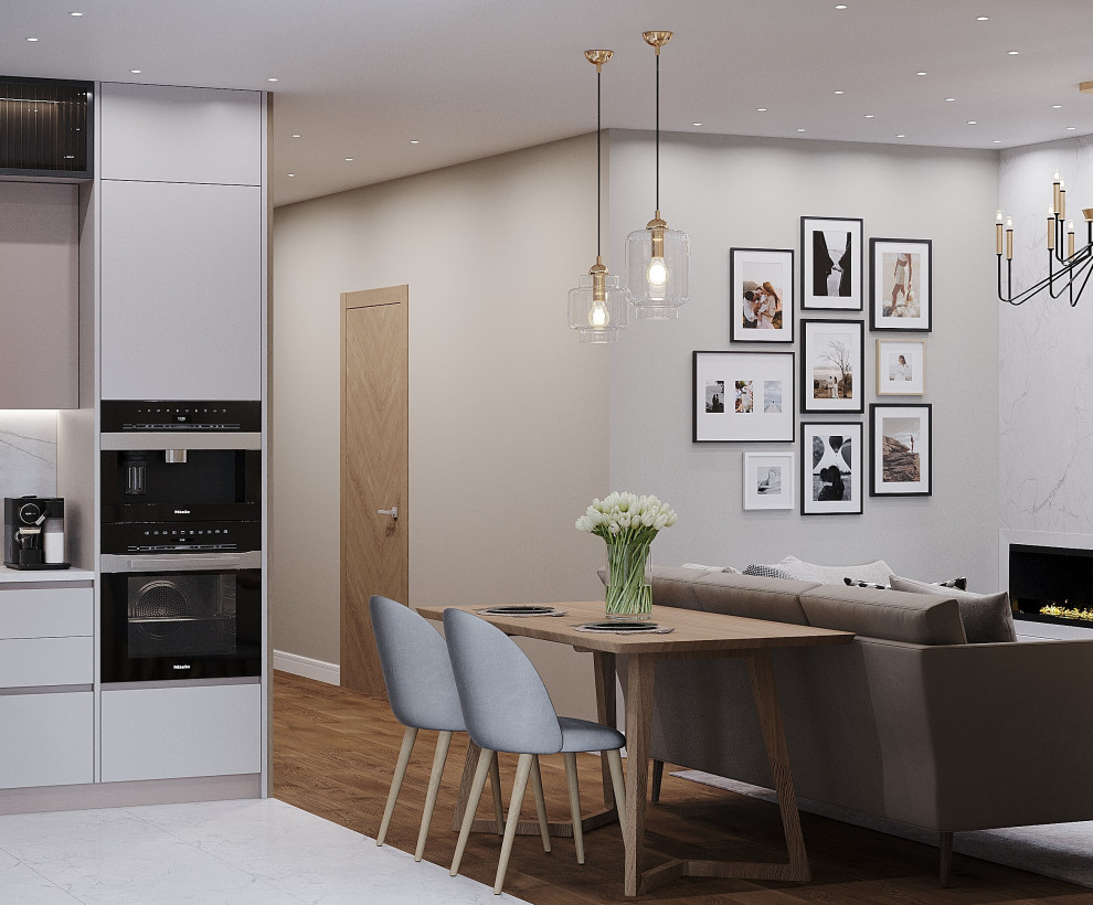 Кухня-гостиная в современном стиле с элементами классики