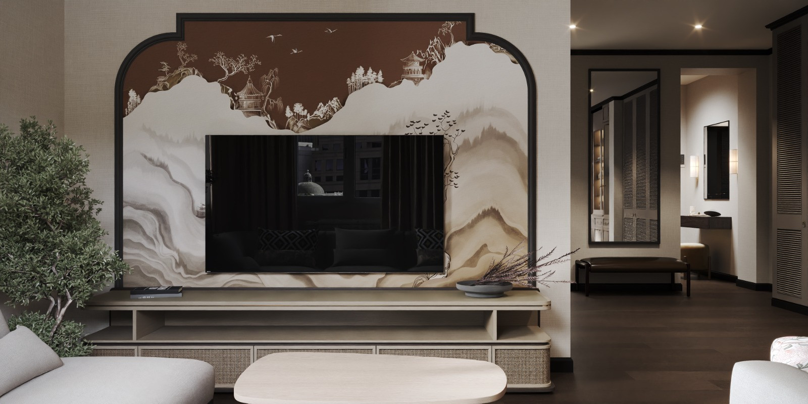 Дизайн гостиной в тёплых оттенках