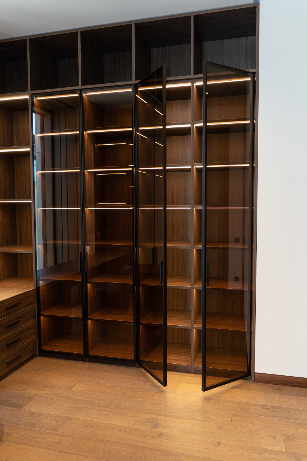 Гардеробная комната с распашными стеклянными RPE фасадами