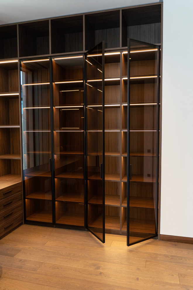 Гардеробная комната с распашными стеклянными RPE фасадами