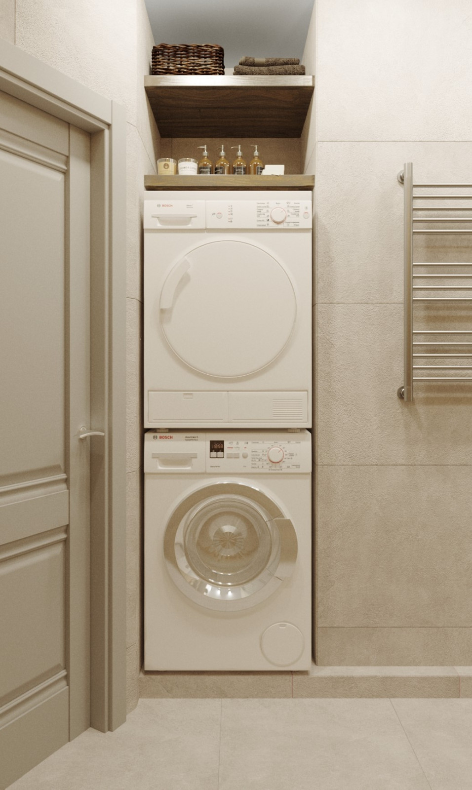 санузел, колонна из стиральной машинки и сушильной.