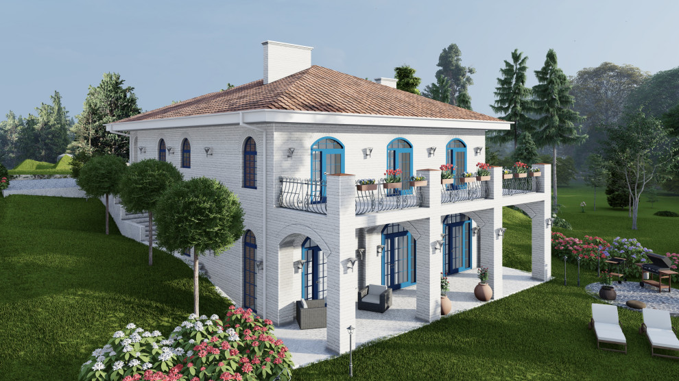 Дом в средиземноморском стиле на участке с уклоном.