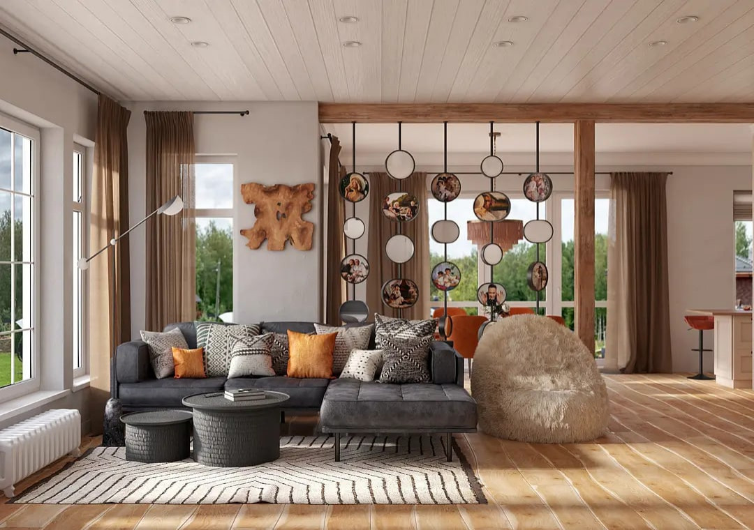 Загородный дом, гостиная и столовая зоны