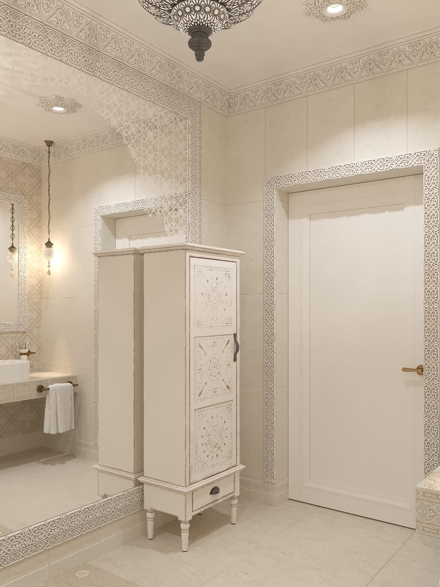 Интерьер санузла в цокольном этаже загородного дома в Восточном стиле.