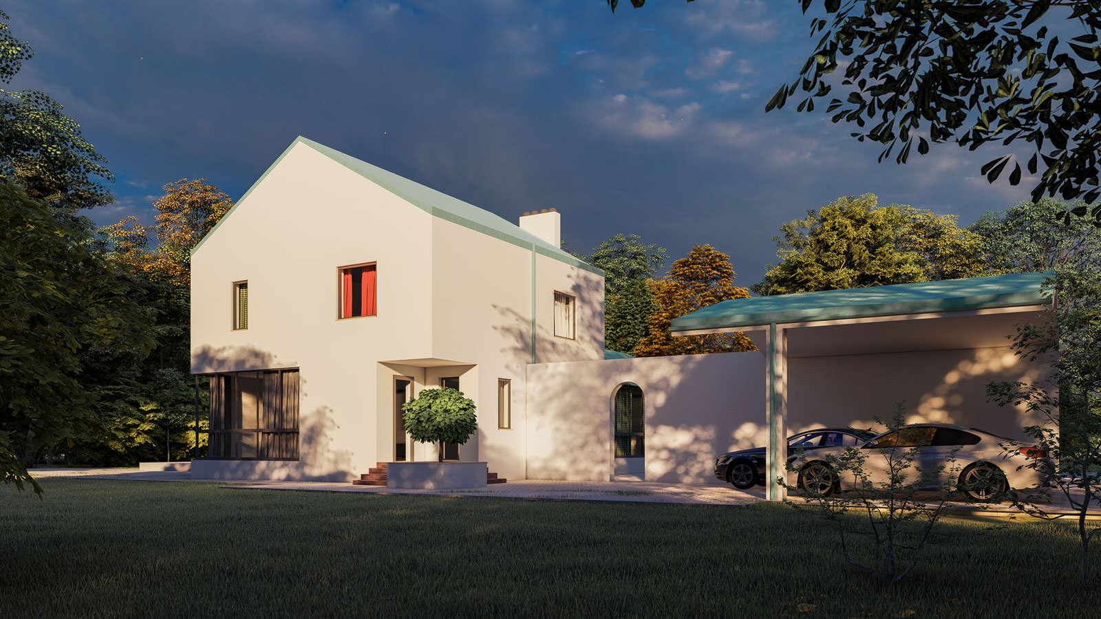 Загородный дом с остекленной терассой и гаражом.