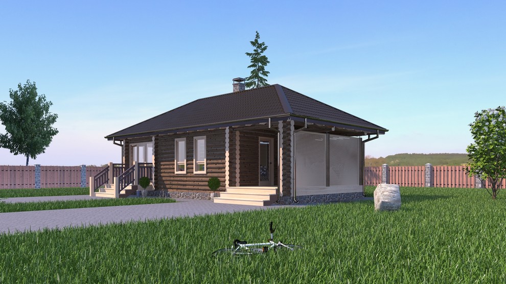 одноэтажная баня с застекленной верандой и дровяником