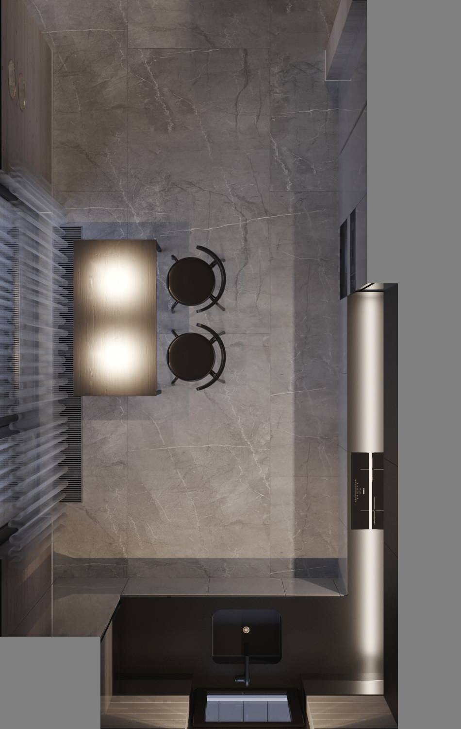 3d-визуализация плана кухни  в проекте загородного дома