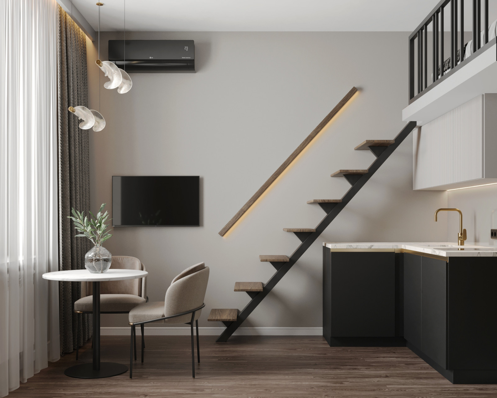 Дизайн интерьера студии с антресольным этажом