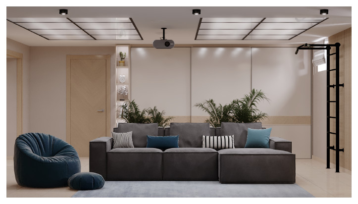 Дизайн проект загородного дома - 1 этаж гостиная-кинотеатр