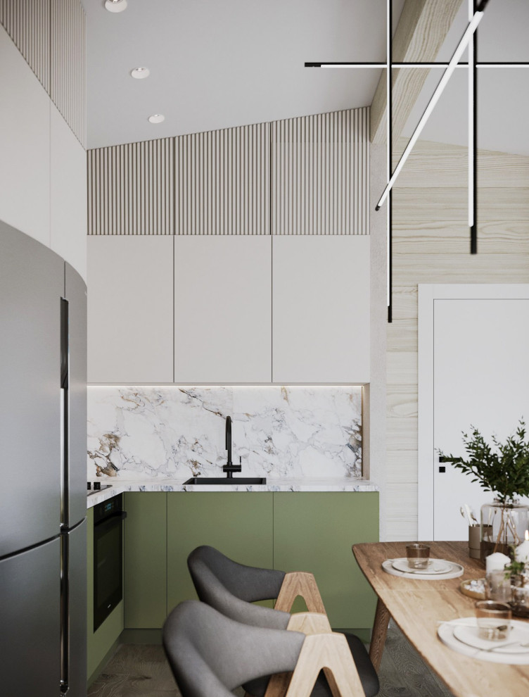 Дизайн кухни-гостиной в доме из бруса